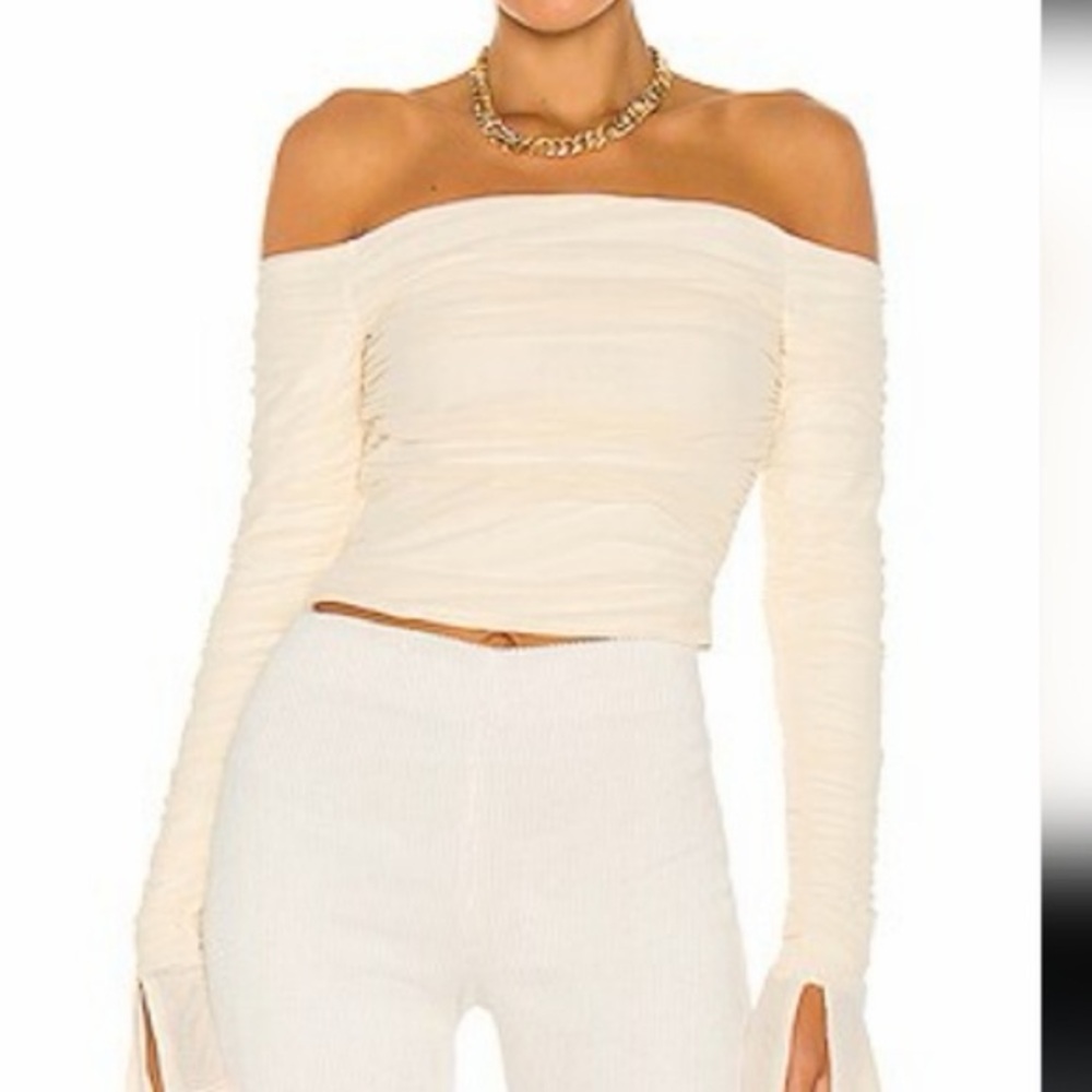 Danielle Guizio Off Shoulder Cream Ruched Top